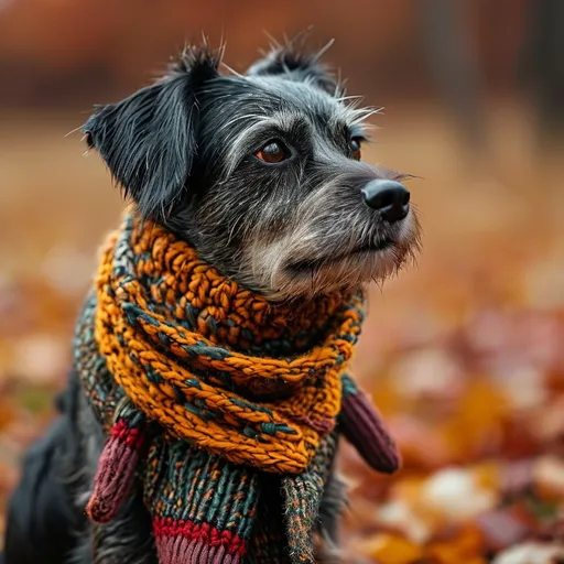 Prompt: Dog coat design, (stylish and cozy), soft textures, warm color tones, perfect for chilly weather, high-quality fabrics, unique patterns, playful embellishments, cute accessories, outdoor setting, soft natural light, vibrant autumn leaves in the background, (4K), ultra-detailed and inviting aesthetic.