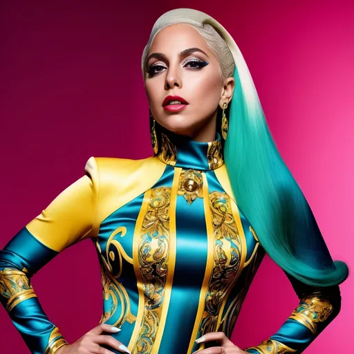 Prompt: Lady Gaga in Versace, high fashion photography, vibrant and bold, dramatic lighting, highres, detailed fabric texture, luxurious, fashion icon, confident expression, glossy finish, editorial, glamorous, celebrity style, vibrant colors, professional, high-quality