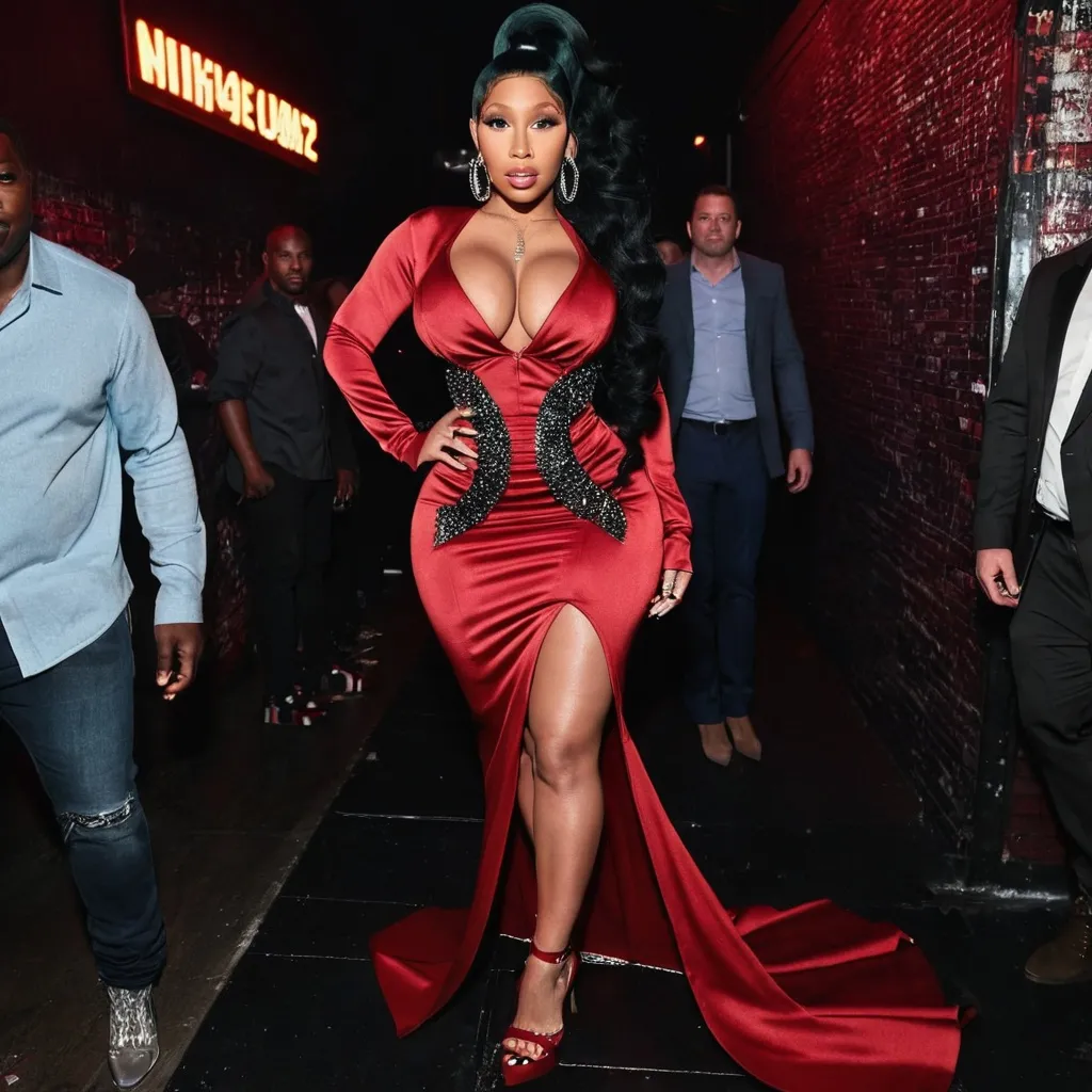 Prompt: Nicki Minaj with huge busom and ridiculously long wavy dark red stylish updo hair,  wearing a stylish peekaboo dress, and 8 inch stiletto high heel shoes, posing at the alley of a nightclub at night.