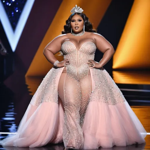 Prompt: Highly detailed image of Lizzo wearing a very glamorous and high fashionable highly detailed 64k 3D dress by Valentino in Rosa Valentino at Sanremo Festival