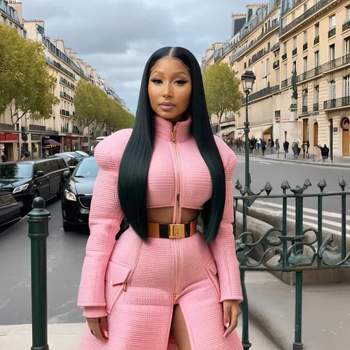 Prompt: Nicki Minaj in Paris in a Wes Anderson Scenario wearing Alaia 