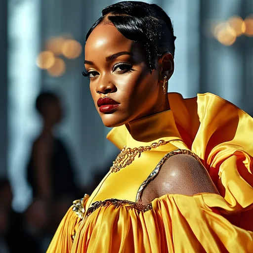 Prompt: (central content: Rihanna wearing a stunning outfit from Dior), (high fashion), chic attitude, glamorous pose, luxurious details, elegant accessories, vibrant colors, dynamic fabric flow, softly blurred background, emphasizing fashion show ambiance, (ultra-detailed), striking lighting, captivating expression, radiant beauty, fashion-forward aesthetics.