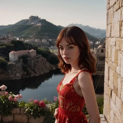 Prompt: Very similar Emma Stone wearing a long Dolce&Gabbana dress in a Wes Anderson oniric landscape ultra hd, very detailed with no distorsions 64k quality Reflex 