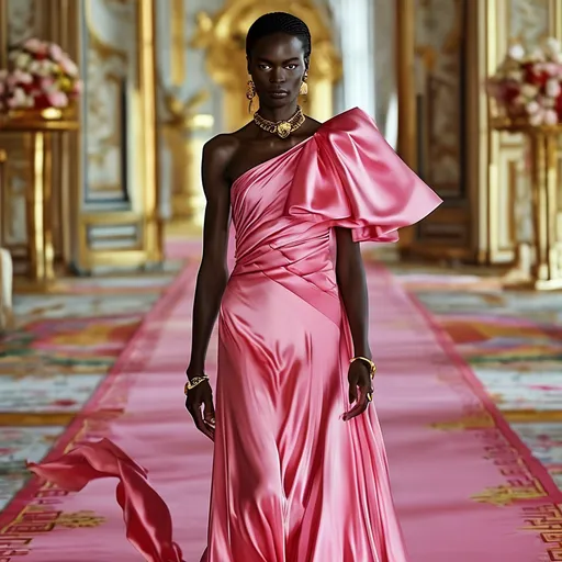 Prompt: Versace silk long dress (elegantly flowing), one shoulder design, luxurious fabric textures, vibrant patterns, soft sheen. Elegant ambiance with a refined and stylish mood, high fashion aesthetic, upscale fashion shoot, HD, ultra-detailed backdrop of fashion runway or luxurious interior, dramatic lighting, highlighting the dress’s exquisite details.