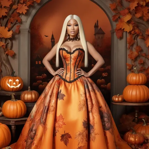 Prompt: Nicki Minaj (striking figure), vibrant corset Dolce&Gabbana inspired by pumpkins and Halloween, flowing long silk delicate gown, playful yet elegant, warm autumn color palette, intricate details of pumpkin motifs, whimsical ambiance, soft, ethereal lighting, enchanting background with faint autumn leaves, fantasy-inspired, ultra-detailed, 4K resolution, striking pose showcasing confidence and flair.