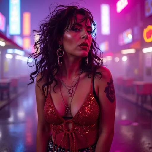 Prompt: (Charli XCX), vibrant pop star depiction, dynamic pose, bold fashion choices, electric energy, urban landscape background, neon lighting, expressive facial features showcasing confidence, aesthetic capturing the essence of the music scene, cinematic composition, ultra-detailed high definition, modern atmosphere reflecting a contemporary vibe.