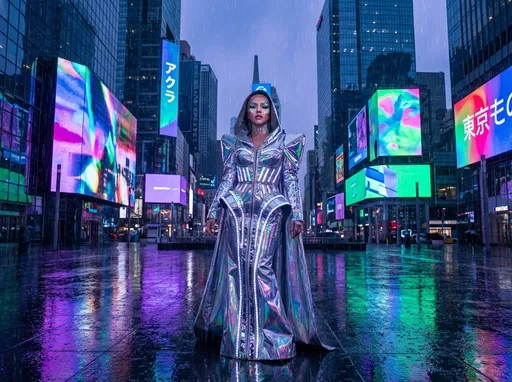 Prompt: Visualize Christina Aguilera standing confidently in an ultra-futuristic urban landscape, clad in a striking Balenciaga ensemble. The outfit is a bold fusion of avant-garde shapes and shimmering metallic fabrics, enhanced by iridescent accents that catch the light. The setting is a neon-lit metropolis, skyscrapers adorned with digital billboards casting vibrant colors onto the scene. A soft rain begins to fall, creating a reflective surface that accentuates the way her stylish attire flows and glimmers. Christina's expression is fierce yet poised, with futuristic makeup that amplifies her look. A soft haze permeates the air, giving the atmosphere a dreamlike quality. This image could be rendered in a cinematic style, where the interplay of lights and shadows creates a dramatic, high-fashion vibe.