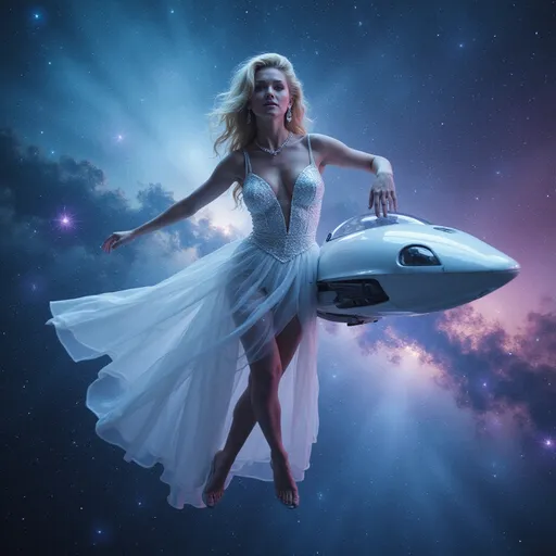Prompt: Britney Spears in a sleek white spaceship, wearing a stunning Roberto Cavalli futuristic dress, gracefully floating in outer space. The background features a vibrant cosmic scene filled with twinkling stars and colorful nebulas, showcasing deep blues and purples. The overall ambiance is enchanting and dreamy, capturing a serene yet powerful moment. Ultra-detailed, 4K quality for a cinematic masterpiece.