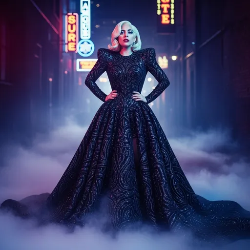 Prompt: Envision a striking scene featuring Lady Gaga, adorned in an exquisite Alexander McQueen gown that cascades dramatically around her like liquid darkness, intricate patterns glinting in the subtle light. The backdrop is a dimly lit urban alley, shrouded in an ethereal fog that swirls around her feet, enhancing the air of mystique. A soft glow emanates from neon signs flickering in the distance, casting vibrant hues of blue and purple that dance across her avant-garde outfit. Lady Gaga stands confidently, one hand on her hip, her expression a blend of fierce determination and playful allure, eyes glimmering with an otherworldly sparkle. The overall atmosphere is a mix of high fashion and captivating, dark fantasy. This scene could be brought to life with cinematic lighting, capturing the drama and elegance of the moment.