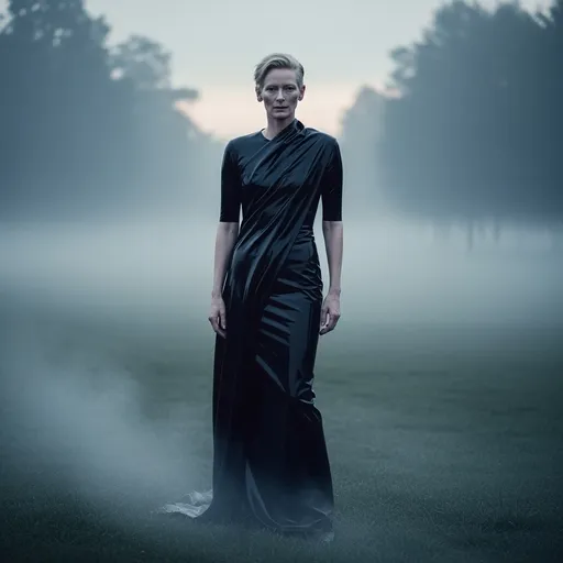 Prompt: Tilda Swinton wearing Jil Sander latex dress