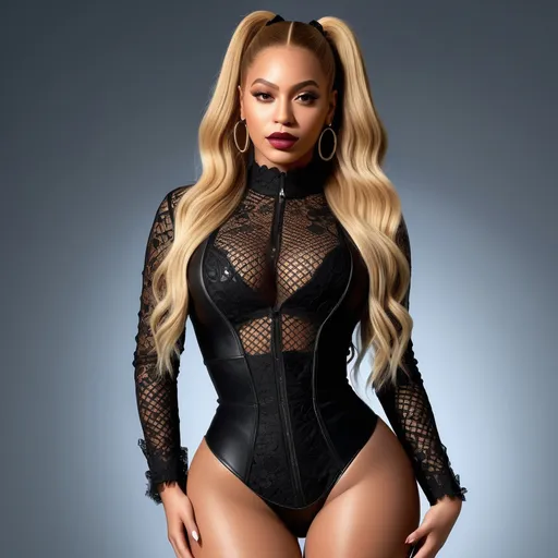 Prompt: photo of Beyoncé thiccc blonde girl. High pony tail hair. thiccc, goth lips, intricate lacey outfit. very attractive. high detail realistic. thick thighs,  full body shot, professional photo. Studio lighting, backlit, realistic lighting. hdr uhd 8k ultra-realistic render,  very high detail skin, beautiful face, Dolce&Gabbana