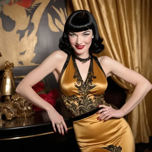 Prompt: Betty Page wearing Roberto Cavalli