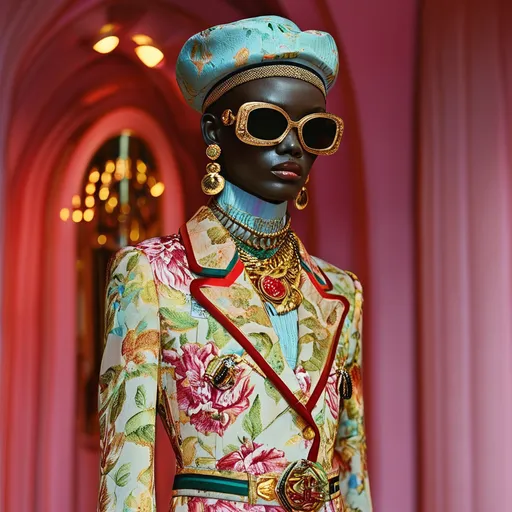 Prompt: (Gucci outfit), stylish fashion display, high-end designer luxe, sleek and modern clothing, vibrant colors, extravagant patterns, bold accessories, rich textures, ultra-detailed, photorealistic, dramatic lighting, elegant ambiance, glamorous fashion atmosphere, background with a chic setting, luxury showcase.