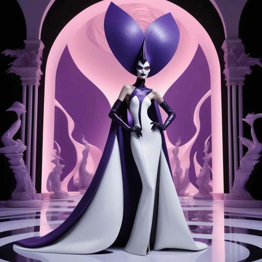 Prompt: (Yzma reimagined by Balenciaga), (futuristic fashion), high-fashion attire, oversized silhouettes, avant-garde designs, intricate textures, dramatic color palette, bold accessories, (highly detailed), luxury setting, lavish background, striking lighting, (dynamic poses), an aura of sophistication, a blend of whimsy and elegance, (high-quality, ultra-detailed).