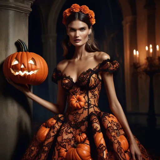 Prompt: Bianca Balti in a stunning (Dolce&Gabbana) Halloween pumpkin inspired dress, the gown features intricate lace detailing and a dramatic silhouette, (elegantly styled), surreal lighting that enhances the glamour, gloomy and vibrant atmosphere, perfect for a Halloween scene, richly saturated colors, chilling yet captivating aesthetic, (4K), ultra-detailed.