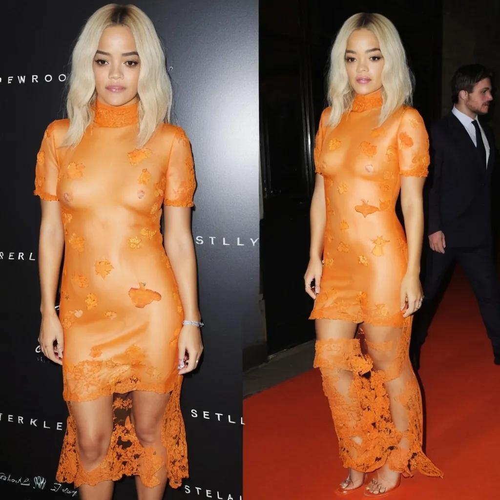 Prompt: Rita Ora wearing delicate Stella Mc Cartney dress pumpkin inspired