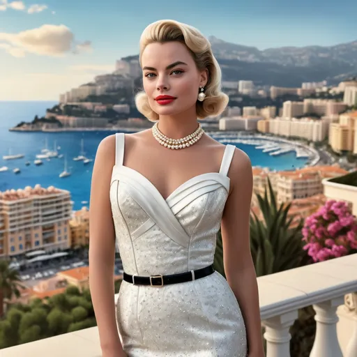 Prompt: Hyper-realistic full-body photography illustration of Margot Robbie as Grace Kelly, detailed punk rock outfit, Monte Carlo Bay in the background, hyper-realistic, detailed features, realistic lighting, high quality, realistic view, professional, detailed, glamorous, actress, iconic, punk rock, Monaco, coastline, elegant, realistic setting, highres, detailed portrait, 64k reflex 