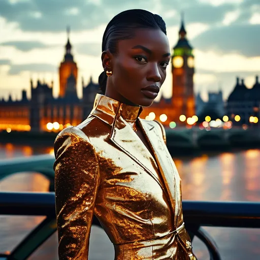 Prompt: Golden metallic outfit, (shimmering) fashion statement, London skyline backdrop, (elegant) architectural details, vibrant nightlife, rich culture, (ultra-detailed) city lights reflecting, warm tones illuminating surroundings, stylish pose, (high-quality) stunning ambiance, modern flair, accents of (luxurious) texture, dynamic urban energy.