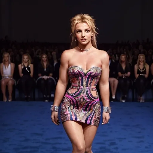 Prompt: (Britney Spears wearing a Miu Miu dress), (high fashion), ultra-detailed, photorealistic, glamorous, captivating expression, chic outfit, stylish accessories, vibrant colors, warm lighting, elegant ambiance, soft focus on background, polished and refined appearance, runway-inspired atmosphere, modern aesthetic, striking pose, high definition quality.