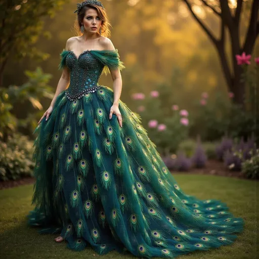 Prompt: Peacock dress, (elegant design), intricate feather patterns, vibrant shades of (iridescent green and blue), flowing fabric, high-fashion style, (dynamic draping), surrounded by a magical setting, lush garden background, soft warm lighting, whimsical atmosphere, ultra-detailed, artistic masterpiece, showcases beauty and sophistication, capturing the grace of peacock inspiration.