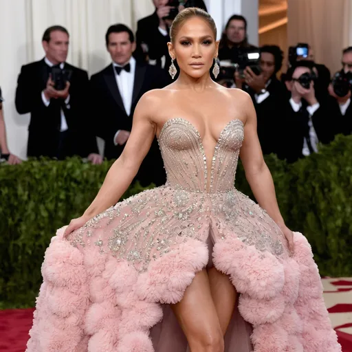 Prompt: Highly detailed image of Jennifer Lopez wearing a very glamorous and high fashionable highly detailed 64k 3D dress by Valentino in Rosa Valentino