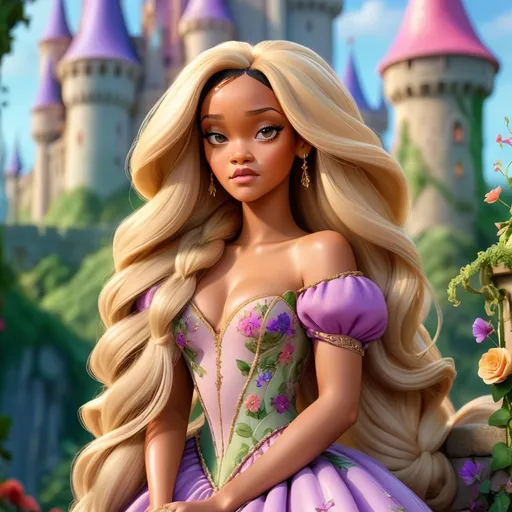 Prompt: (Rihanna as Rapunzel), (long blonde flowing hair), vibrant color palette, enchanting fairy-tale ambiance, whimsical castle background, whimsical elements like birds and flowers, illuminating soft light, intricate details in the gown, dreamy atmosphere, (fantasy), high-quality HD, cinematic depth, fairy-tale setting, lush greenery, allure and charm.