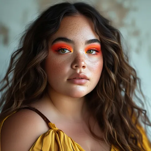 Prompt: (Down syndrome makeup model), captivating and empowering pose, bright makeup showcasing vibrant colors, engaging facial expression filled with confidence, beautifully styled hair, softly lit background emphasizing an uplifting and positive atmosphere, high-quality details, showcasing diversity and beauty, enhanced features accentuated with precision.