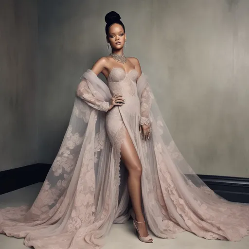 Prompt: (Rihanna in a delicate Valentino dress), ethereal elegance, soft flowing fabric, intricate lace details, graceful pose, capturing a moment of poise, muted colors with gentle pastel tones, background featuring an opulent setting, dreamy ambiance, ultra-detailed, high quality, focusing on fashion artistry, bringing forth luxury and sophistication.