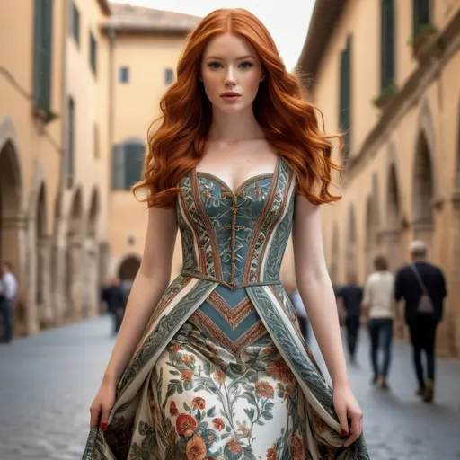 Prompt: A red haired model very detailed and hyper realistic wearing a dress with printed on the detail in picture from Chamber of Giants in Mantova hd quality hyper realistic 