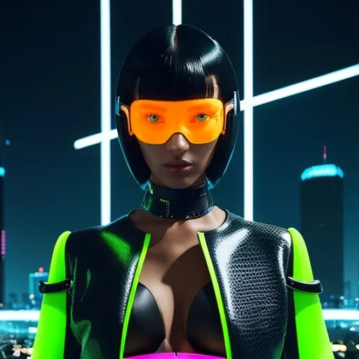 Prompt: Fendi cyber look, (futuristic fashion), cutting-edge design, ( sleek silhouettes), innovative materials, high-tech accessories, bright neon colors, (digital vibes), urban city background, glowing lights, modern architecture, stylish ambiance, high energy, bold statement, (ultra-detailed), visually striking.