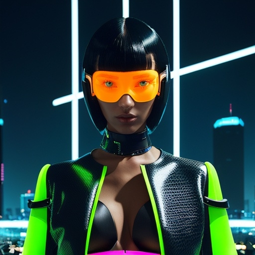 Prompt: Fendi cyber look, (futuristic fashion), cutting-edge design, ( sleek silhouettes), innovative materials, high-tech accessories, bright neon colors, (digital vibes), urban city background, glowing lights, modern architecture, stylish ambiance, high energy, bold statement, (ultra-detailed), visually striking.