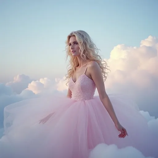 Prompt: (Claudia Schiffer), wearing a (soft cloud dress), ethereal atmosphere, floating gracefully among (fluffy clouds), dreamy background, gentle light illuminating the scene, soft pastel colors, serene and tranquil mood, high-resolution, ultra-detailed, celestial ambiance, sky blending shades of blue, pink, and lavender, capturing a whimsical and enchanting moment.