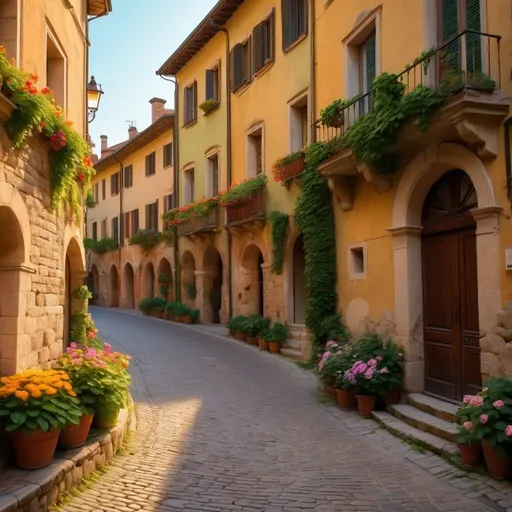 Prompt: (Verona landscape), picturesque scenes, (charming architecture), sunlit streets, vivid colors, historical buildings, atmospheric ambiance, lush green parks, winding cobblestone paths, warm golden hour lighting, aura of romance and history, vibrant flowers in bloom, detailed textures of stone walls, (ultra-detailed), (4K).