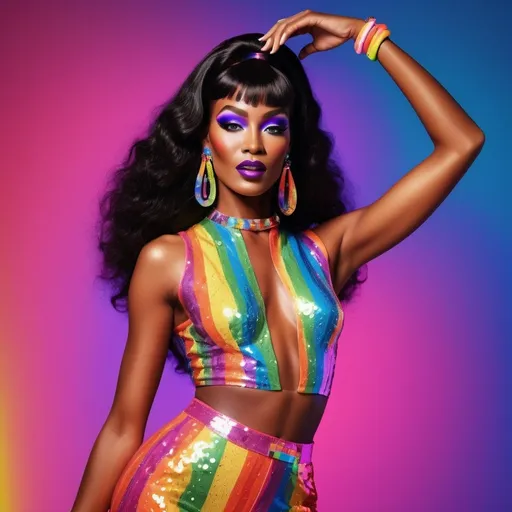 Prompt: Naomi Campbell pride month outfit, digital art, vibrant and colorful, high quality, pop art, rainbow colors, shimmering sequins, bold makeup, confident pose, energetic and dynamic, retro-inspired, neon lighting, celebratory atmosphere, 80s fashion, glossy finish