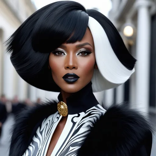 Prompt: A hyper realistic Naomi Campbell as Cruella in a Versace very detailed and accurated 64k quality HD 3D 