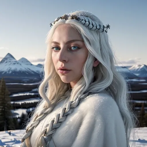 Prompt: Lady Gaga depicted as a (Nordic woman), featuring striking blue eyes and long, flowing blonde hair with elements of traditional Nordic attire. The setting showcases a winter landscape with majestic snow-capped mountains and frosty trees. A soft, ethereal light encapsulates the scene, producing a serene and magical ambiance. Emphasizing high quality, ultra-detailed, the image showcases a harmonious fusion of pop culture and Nordic folklore.