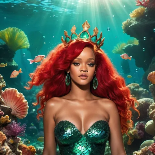 Prompt: Rihanna as (Ariel), enchanting mermaid, vibrant red hair flowing, intricate seashell crown, striking green tail shimmering in sunlight, surrounded by a magical underwater scene, colorful coral reefs, ethereal fish swimming in the background, enchanting bubbles rising, warm and inviting ambiance, HD quality, cinematic shot.