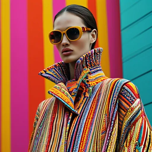 Prompt: (vibrant Missoni coat), visually striking pattern, bold zigzag designs, rich color combinations, whimsical textures, stylish collar and sleeves, flowing fabric, (high fashion), elegant draping, intricate material details, model showcasing in an upscale setting, warm and inviting atmosphere, (ultra-detailed), (4K resolution), luxurious ambiance, soft lighting for depth, modern chic backdrop, showcasing fashion elegance.