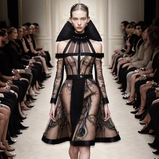 Prompt: (Valentino look reimagined), (modern fashion), chic elegance, luxurious textures, avant-garde design, bold patterns, dynamic color palette, intricate details, soft lighting, high fashion runway atmosphere, stylish accessories, expertly tailored silhouettes, sophisticated ambiance, visually striking composition, 4K, ultra-detailed, hybrid of classic and contemporary styles.