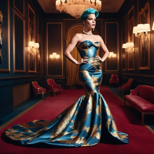 Prompt: Halsey (in a stunning long shaped Moschino dress), capturing an elegant poise, set against a glamorous backdrop, rich colors blended into a high contrast scene, soft ambient lighting highlighting the dress details, stylish accessories enhancing the royal aesthetic, flowing fabric, luxurious textures, surrounded by a warm and inviting atmosphere, high definition, ultra-detailed, fashion photography.