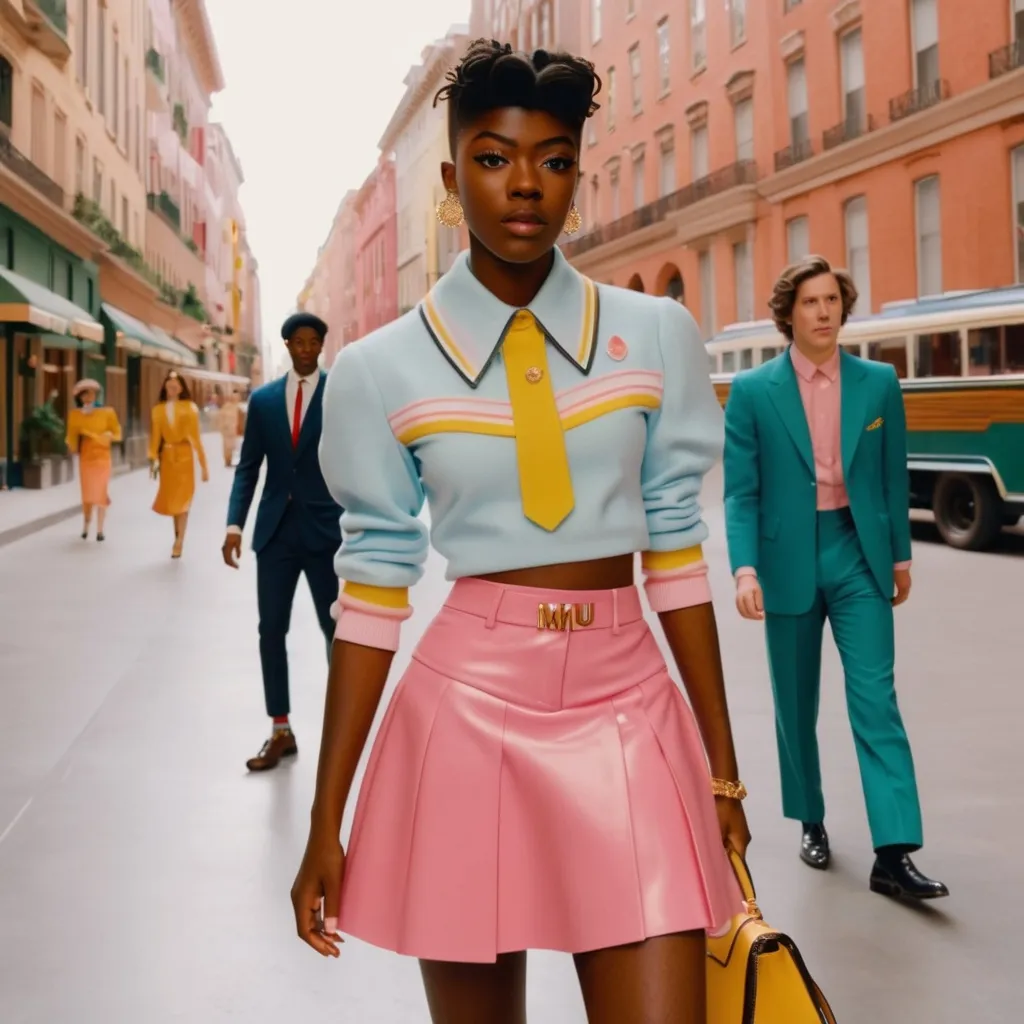 Prompt: Hyper realistic Lil Nas X wearing a Miu Miu skirt outfit in a Wes Anderson Movie avoiding pink