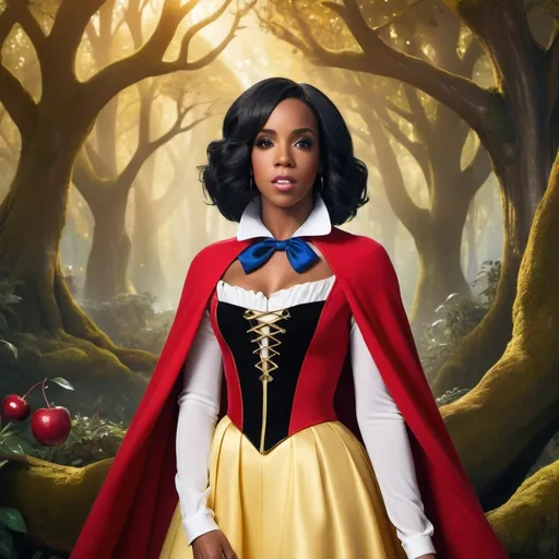 Prompt: (Kelly Rowland as Snow White), (fairytale character), wearing a vibrant red cape, classic white collar blouse, and black bodice, with dark hair styled in a beautiful bob, set in a whimsical forest background with enchanting trees and soft golden light filtering through, (magical ambiance), (highly detailed), (ultra-detailed), (stylized).