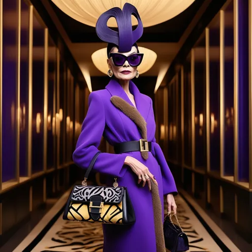 Prompt: (Yzma in Fendi look), fashion statement, luxurious high-fashion outfit, bold patterns, vibrant and striking color combination, elegant and sophisticated, extravagant accessories, dramatic lighting, high-quality detail, whimsical ambiance, fierce facial expression, unique and stylish background, capturing the essence of opulence and fashion-forwardness, ultra-detailed, cinematic.