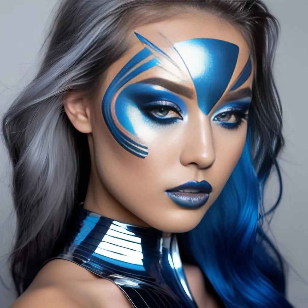 Prompt: Hyper realistic and ultra futuristic make-up metallic grey and blue 