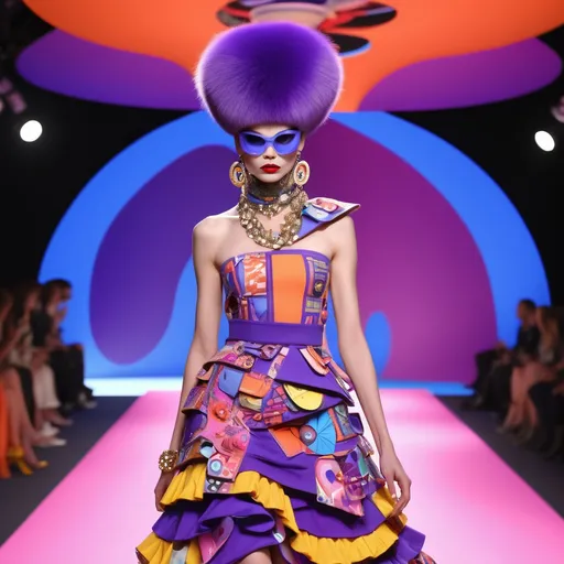 Prompt: (Yzma reimagined by Moschino), (high fashion), bold colors, whimsical patterns, dramatic accessories, chic and eccentric outfit, playful and mischievous expression, luxurious textures, lavish details, eccentric couture style, creative and stylized design, vibrant background with a playful and dynamic atmosphere, (ultra-detailed), (4K), colorful lighting, avant-garde fashion runway influence.