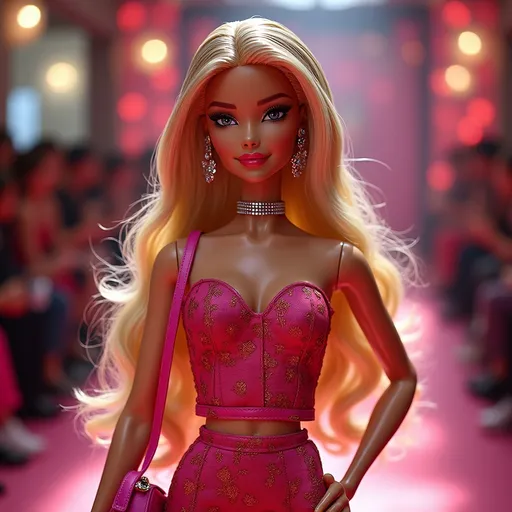 Prompt: Barbie in Valentino pret à porter stylish and glam, showcasing the latest fashion trends, vibrant colors, high-fashion elements, luxurious fabrics, intricate details, playful yet elegant poses, a chic display of high-end accessories, lively runway atmosphere, soft diffused lighting that highlights her features, ultra-detailed, capturing the essence of modern luxury apparel, a captivating blend of creativity and sophistication.
