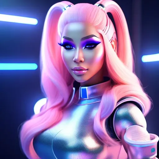 Prompt: Dressed like a very realistic Nicki Minaj Robotic Pleiadian Nordic blonde from the Galactic Federation of Light,  high resolution, 3D render, style of cyberpunk 