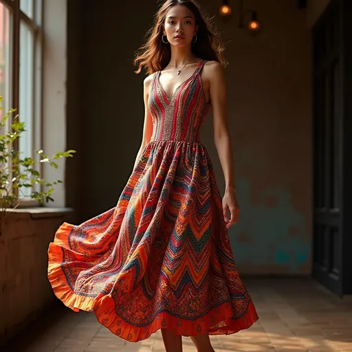 Prompt: (vibrant Missoni dress), swirling colorful patterns, elegant silhouette, flowing fabric, luxurious texture, fashion photography, bold stripes and zigzags, high contrast colors, sophisticated and chic, set against a stylish backdrop, warm ambient lighting, ultra-detailed, 4K quality.