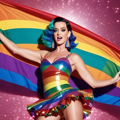 Prompt: Katy Perry in Jeremy Scott Pride Month Edition Dress, vibrant, glamorous, high quality, digital art, rainbow colors, glittering sequins, flowing fabric, joyful expression, dynamic pose, professional, stage-ready, pride flag pattern, energetic lighting