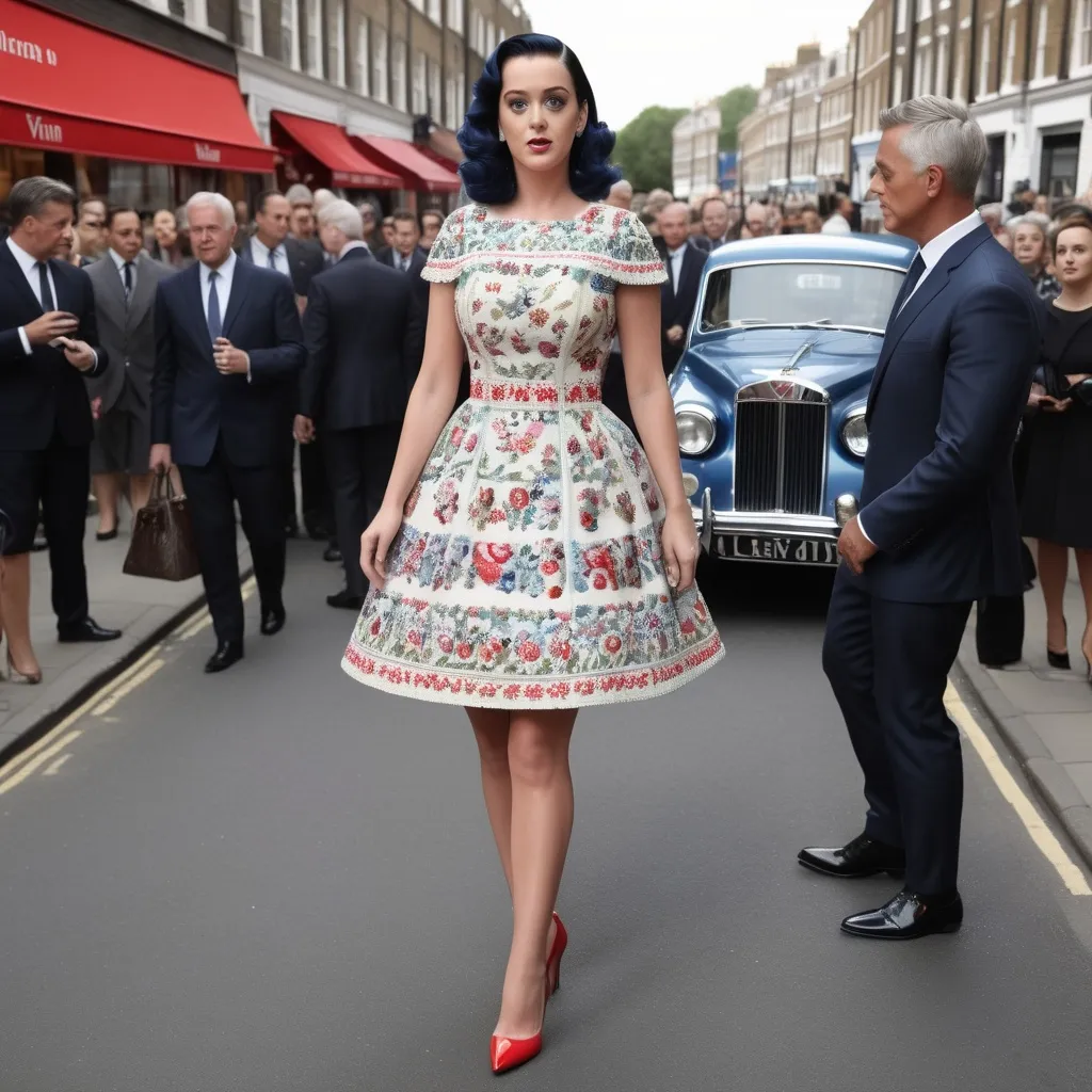 Prompt: Hyper Realistic and very detailed Katy Perry wearing a hyper realistic and very detailed Valentino 50s look with a very detailed Valentino dress and very detailed Valentino shoes in the centre of a very accurate 50s London 64k Hd, very accurate 3D 